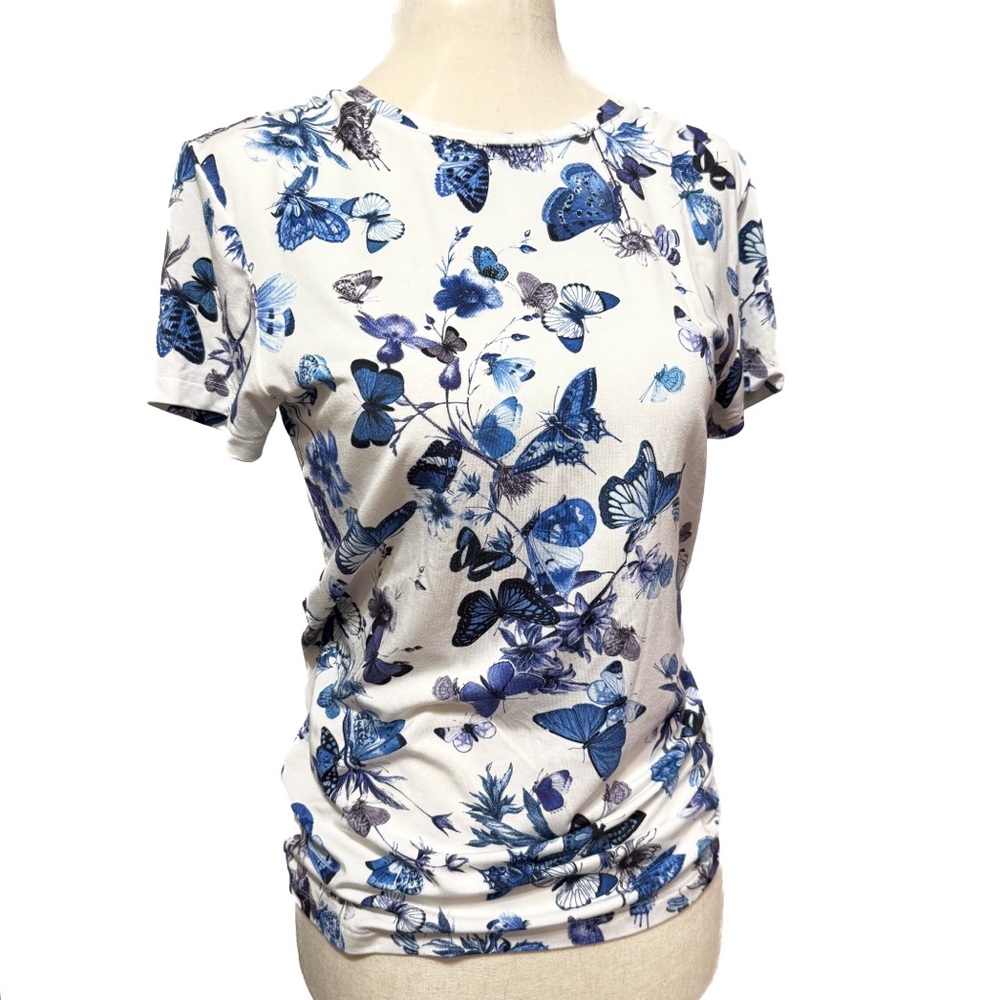 L'AGENCE Blue and White Butterfly Print Short Sleeve Top